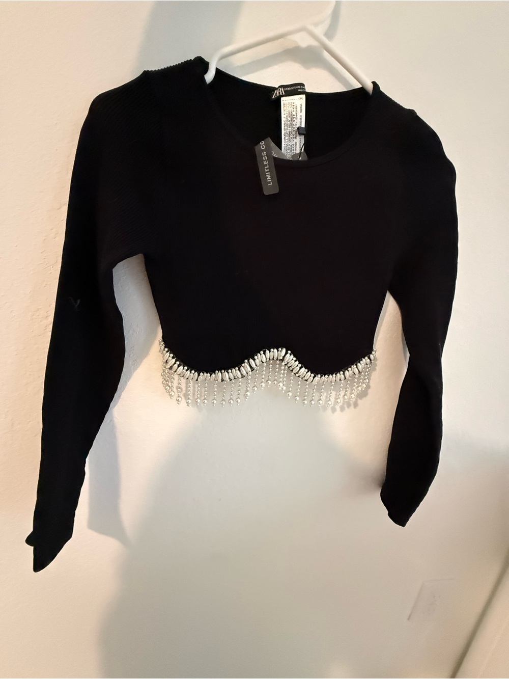 Zara Black Long-Sleeve Cropped Sweater with Rhinestone Fringe